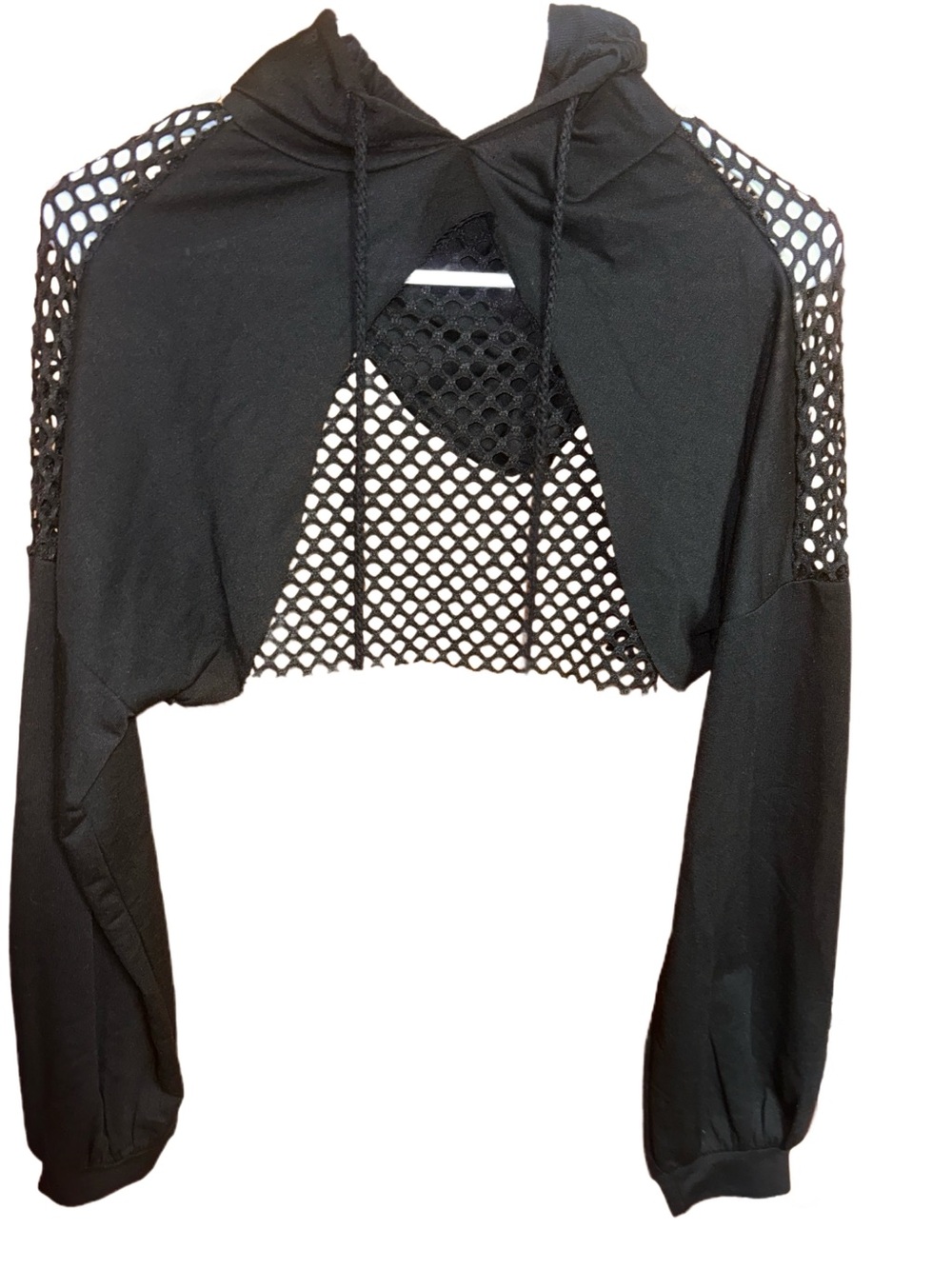 Black Mesh-Back Cropped Hoodie - Women